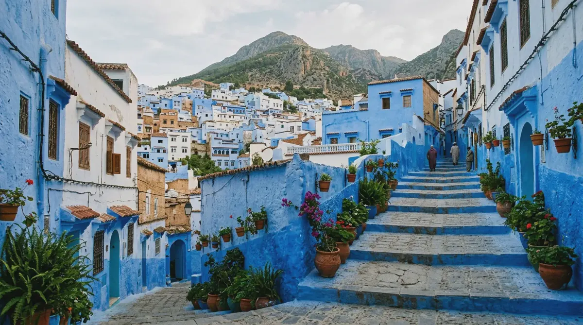 Blue-painted houses and stepped lanes of Chefchaouen with the Rif mountains behind