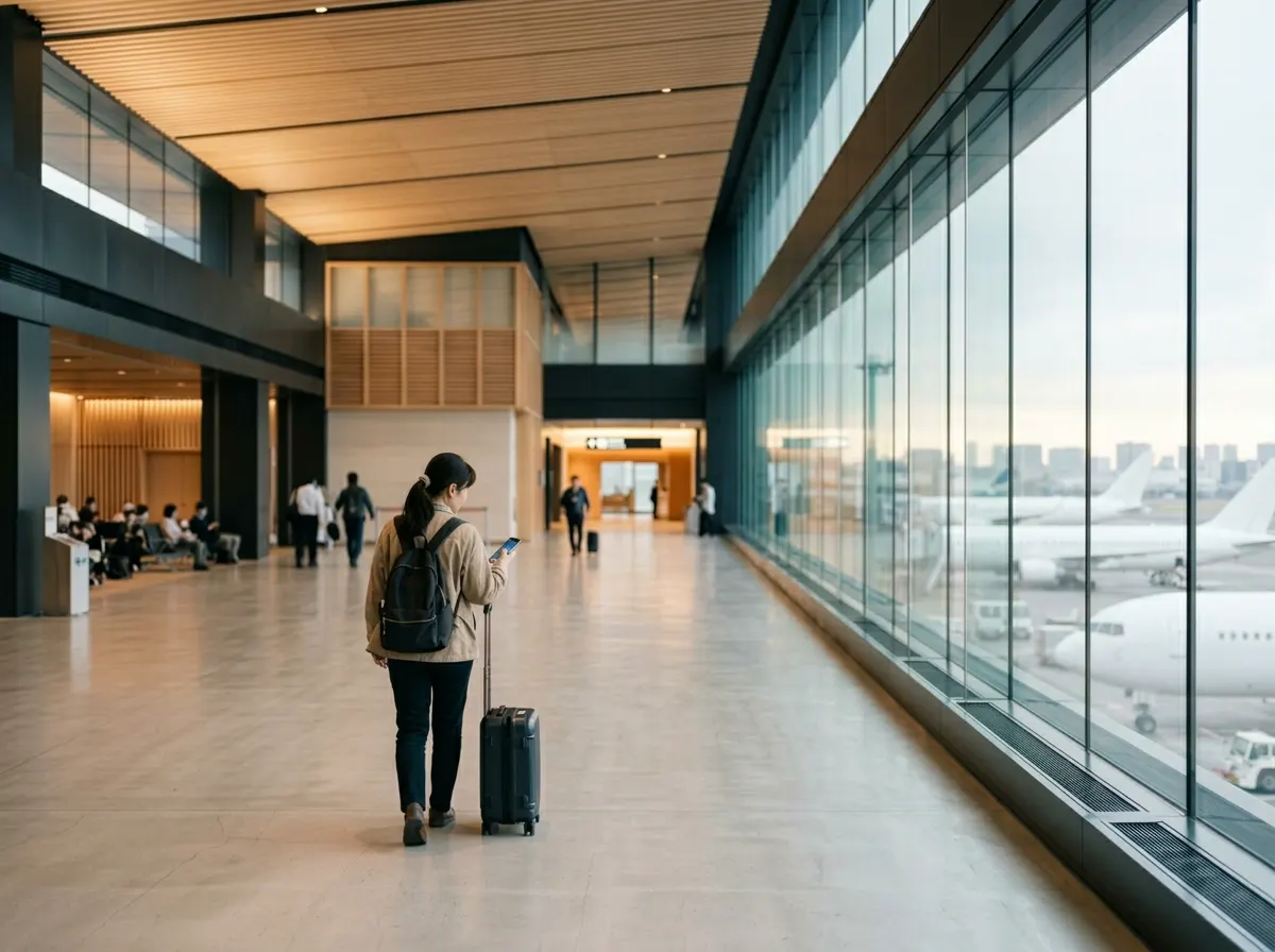 A traveler with a rolling suitcase checks her phone in a bright, minimalist airport arrivals hall