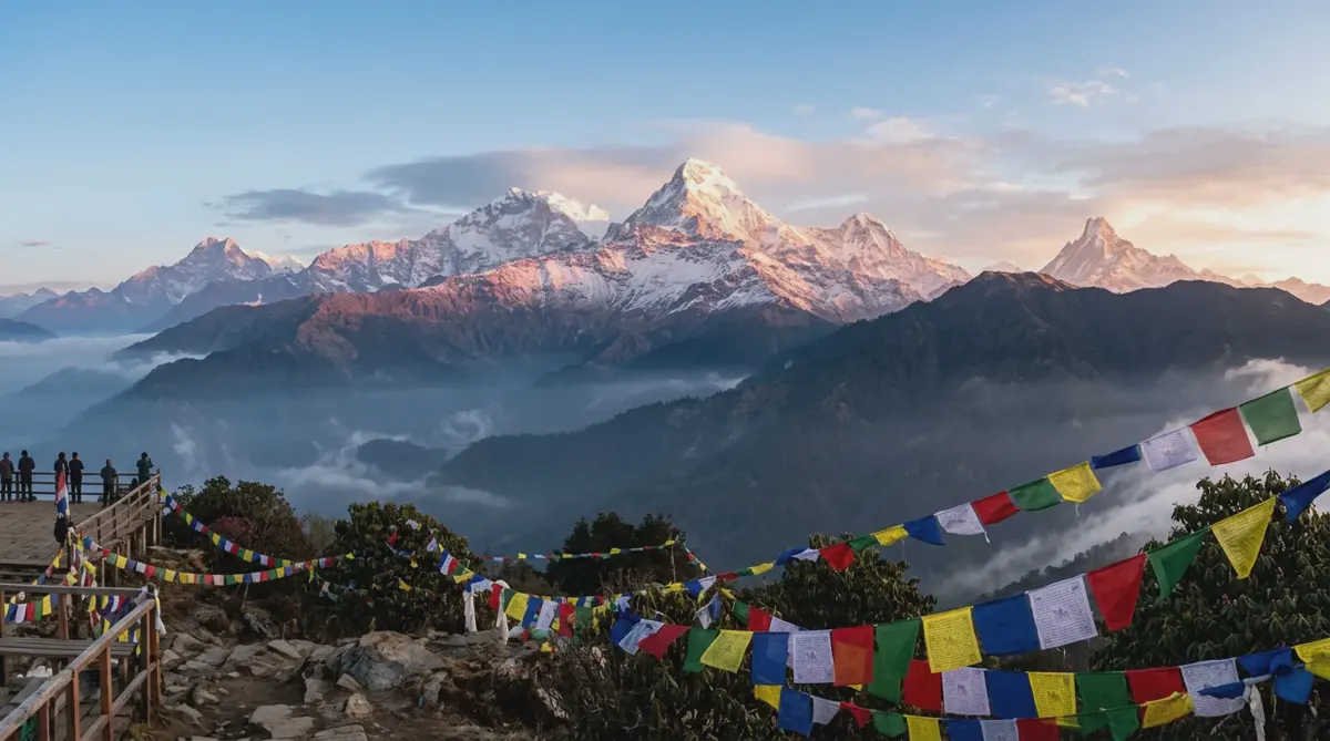 Snow-capped Annapurna peaks glowing at sunrise above forested ridges and prayer flags in Nepal