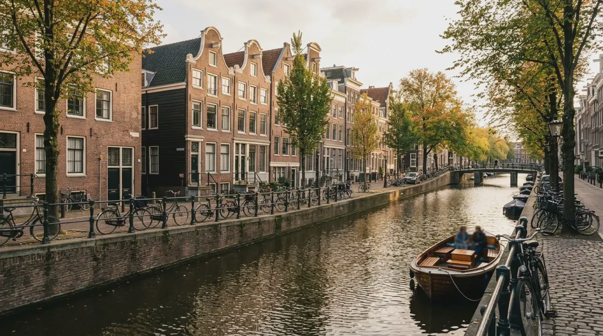 Gabled canal houses, bicycles and a quiet canal in Amsterdam in late-afternoon light