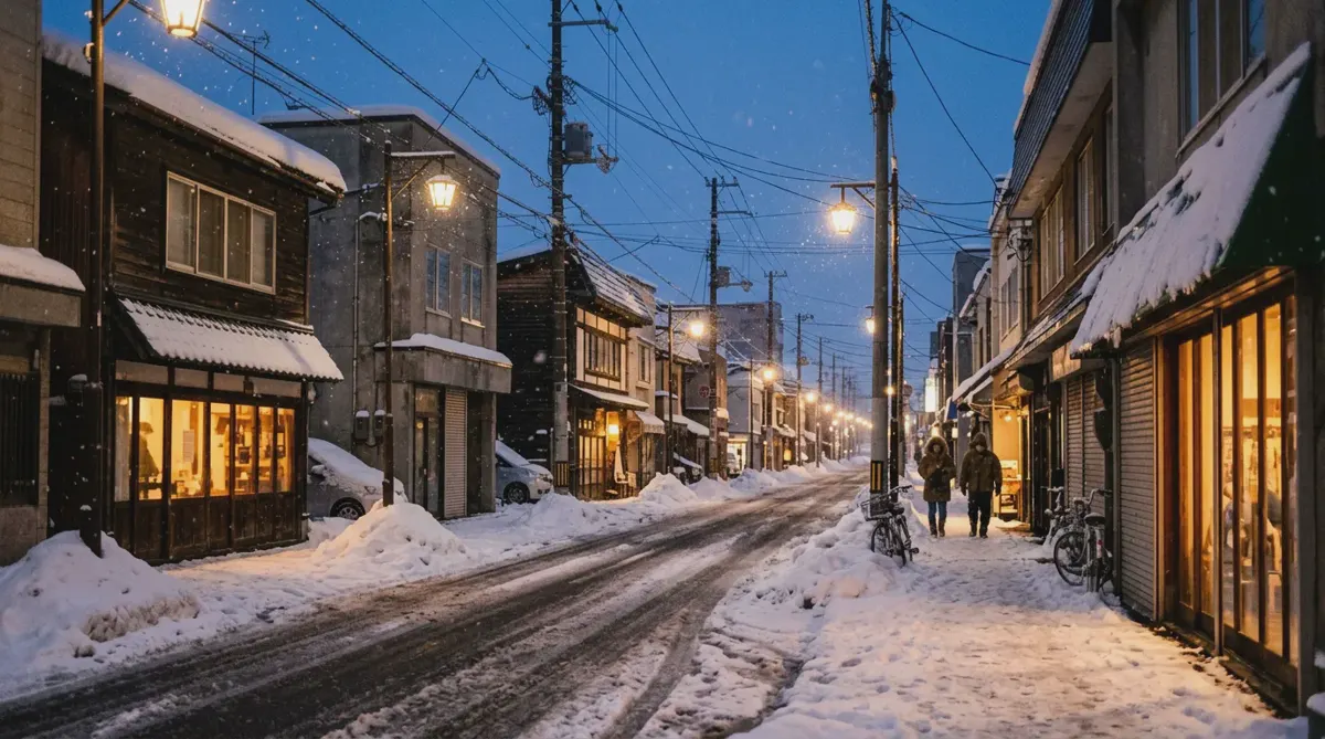 A snowy street in Sapporo at dusk, with lit shop windows and street lamps under falling snow