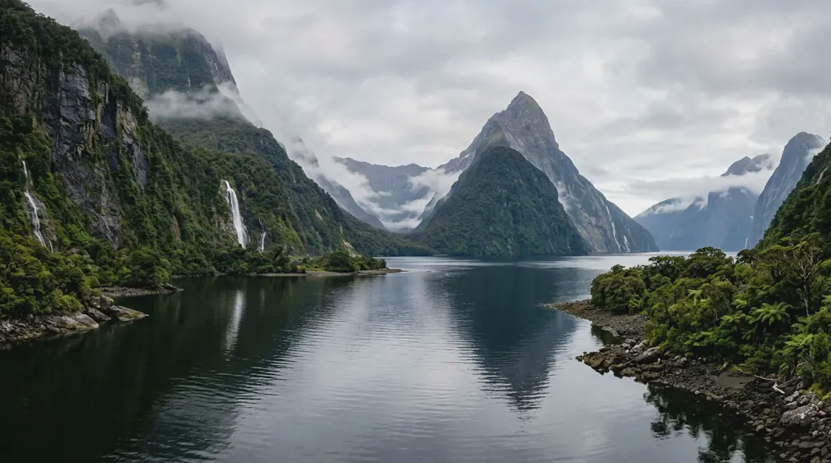 Mitre Peak rising from the calm water of Milford Sound in New Zealand's Fiordland