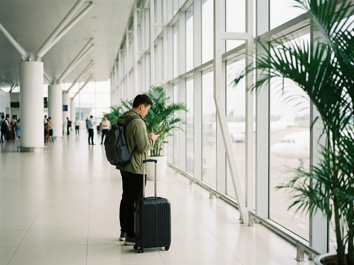 A traveler with a backpack checks a phone beside a suitcase in a bright, clean arrivals hall
