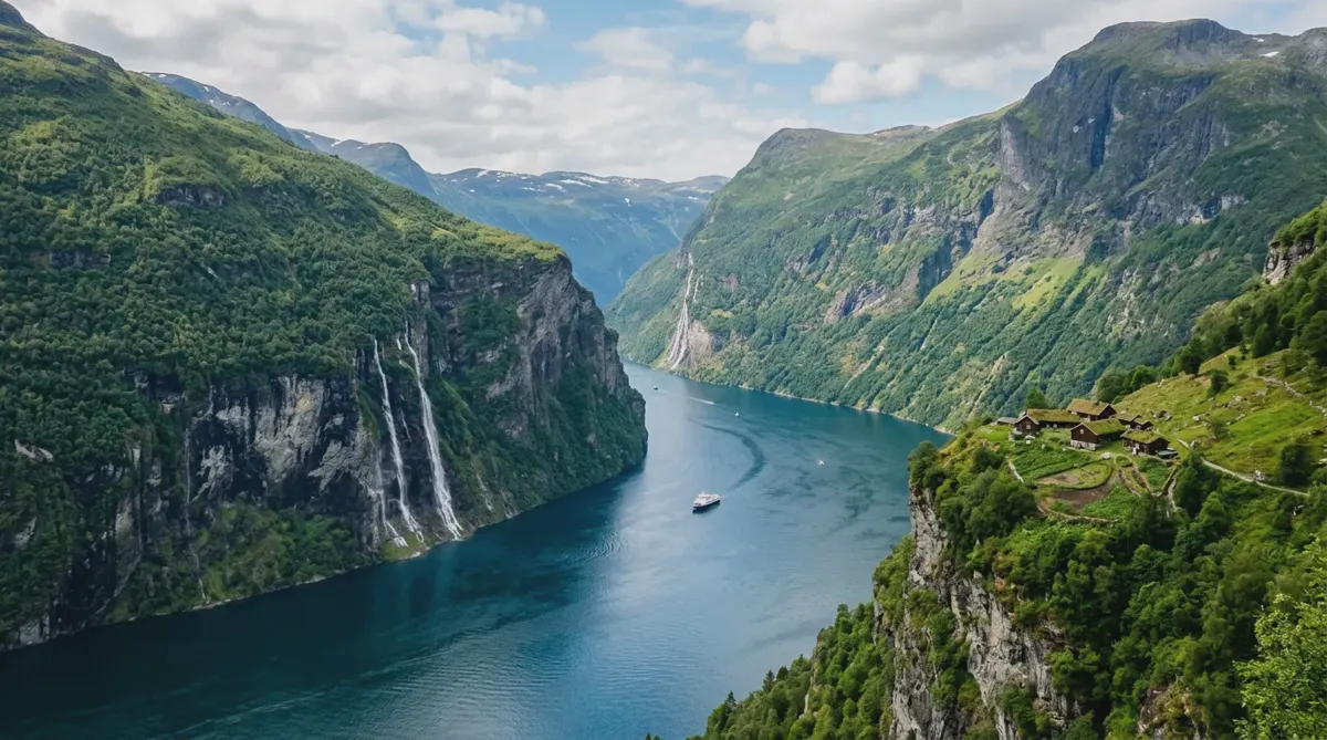 Steep green mountainsides and a waterfall above the deep blue Geirangerfjord in Norway