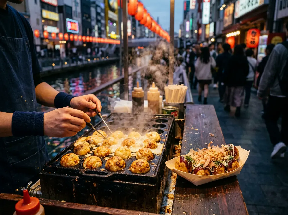 Takoyaki cooking in a cast-iron pan on an Osaka street at dusk, with lanterns glowing over the canal behind
