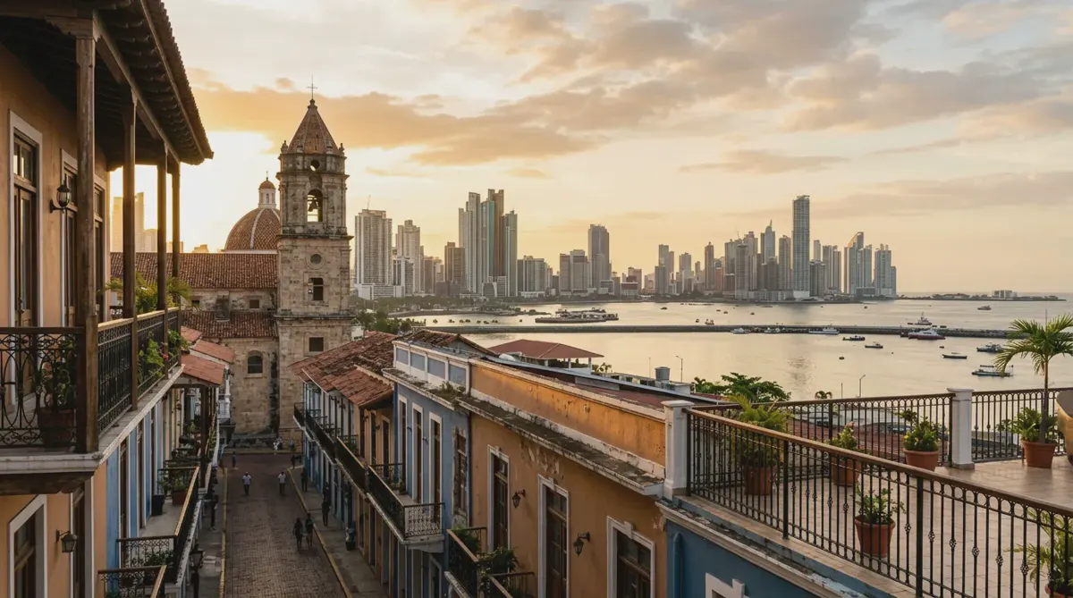 Panama City's skyline across the bay seen from the colonial old town of Casco Viejo