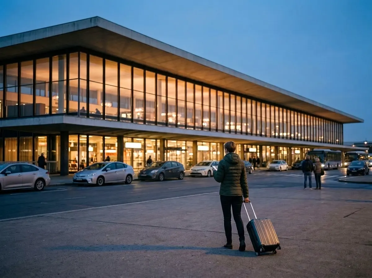 A traveler with a suitcase checks a phone in front of the long glass facade of Paris Orly airport at dusk