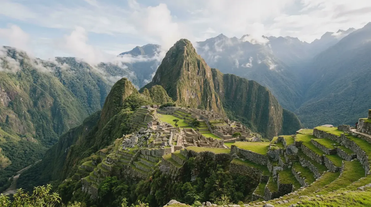 The stone terraces of Machu Picchu with Huayna Picchu rising behind in the morning clouds