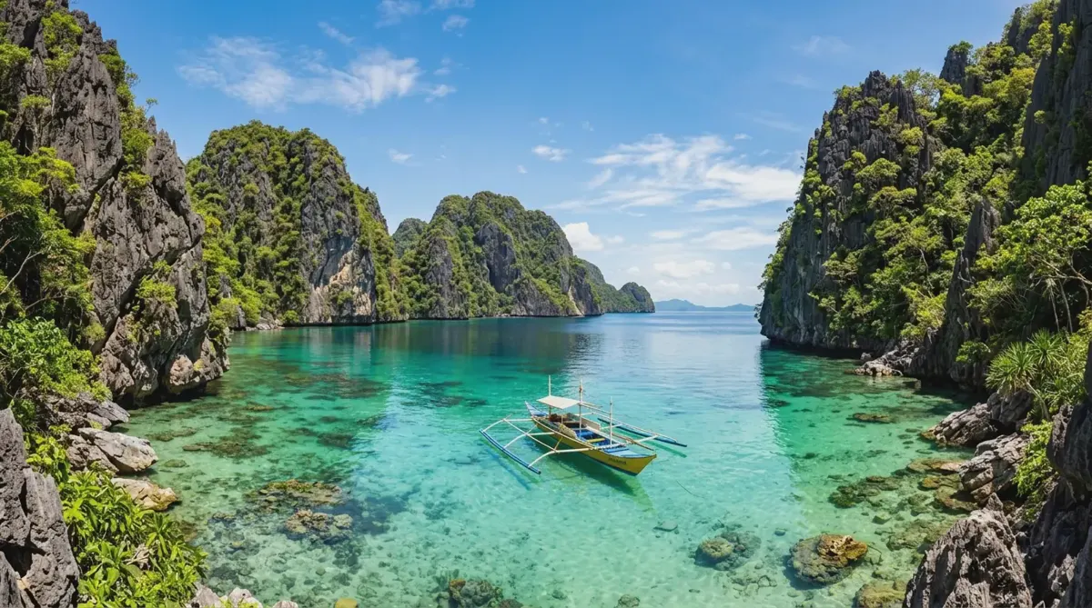 An outrigger boat in a turquoise lagoon below limestone cliffs at El Nido, Palawan