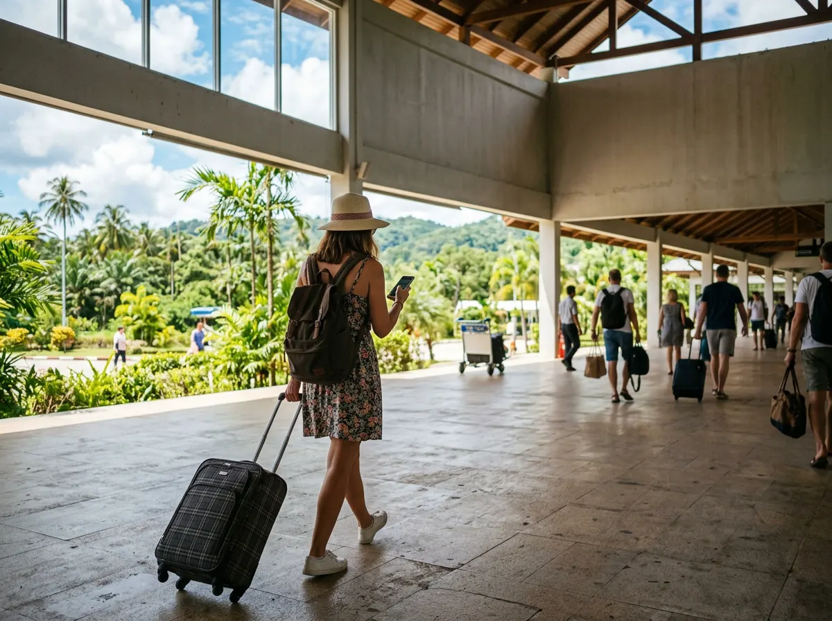 A traveler in a straw hat checks a phone in a bright arrivals area, palm trees and green hills outside