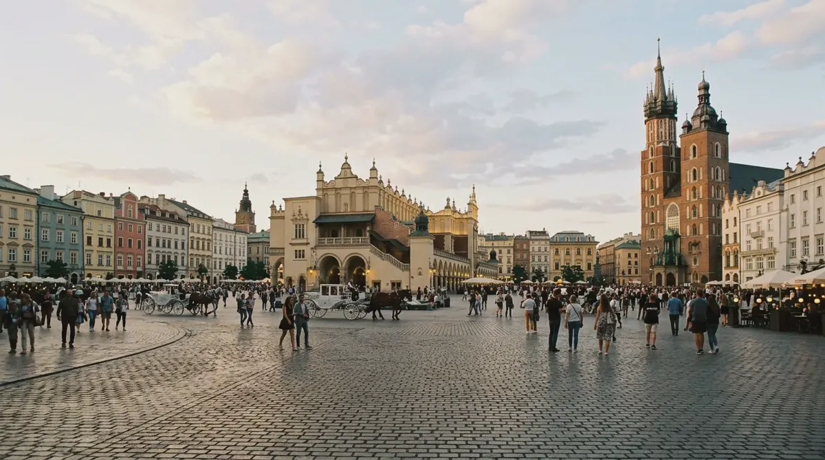 Kraków's Main Market Square with the Cloth Hall and St. Mary's Basilica in early-evening light