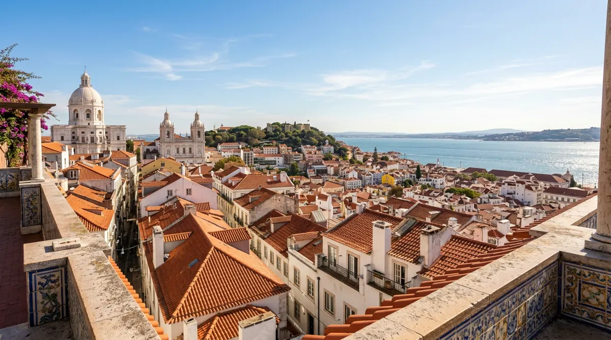 Terracotta rooftops of Lisbon's Alfama and the river Tagus from a viewpoint
