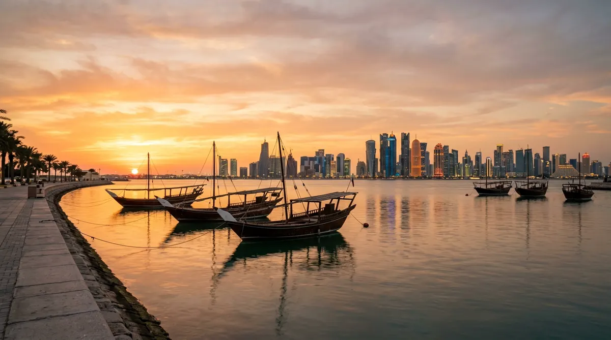 Wooden dhows on the bay in front of the Doha skyline at sunset