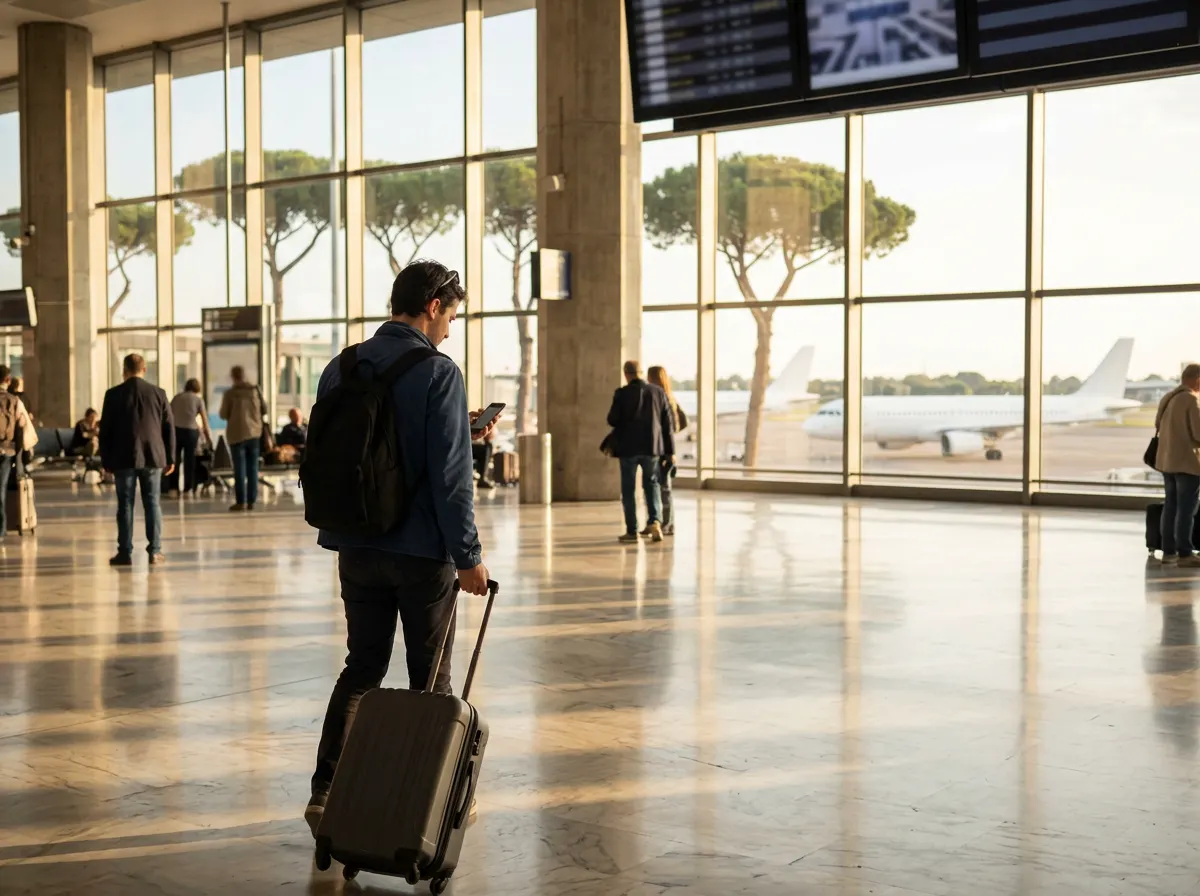 A traveler pulls a suitcase and reads a phone in a marble arrivals hall, pine trees outside in golden light