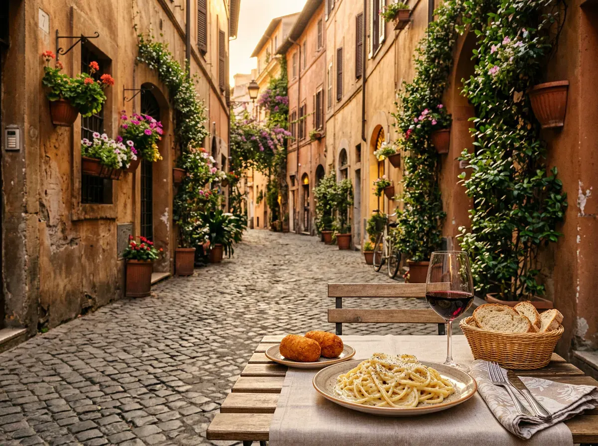 A plate of cacio e pepe, supplì and a glass of red wine on a small table in a Trastevere lane in Rome at golden hour