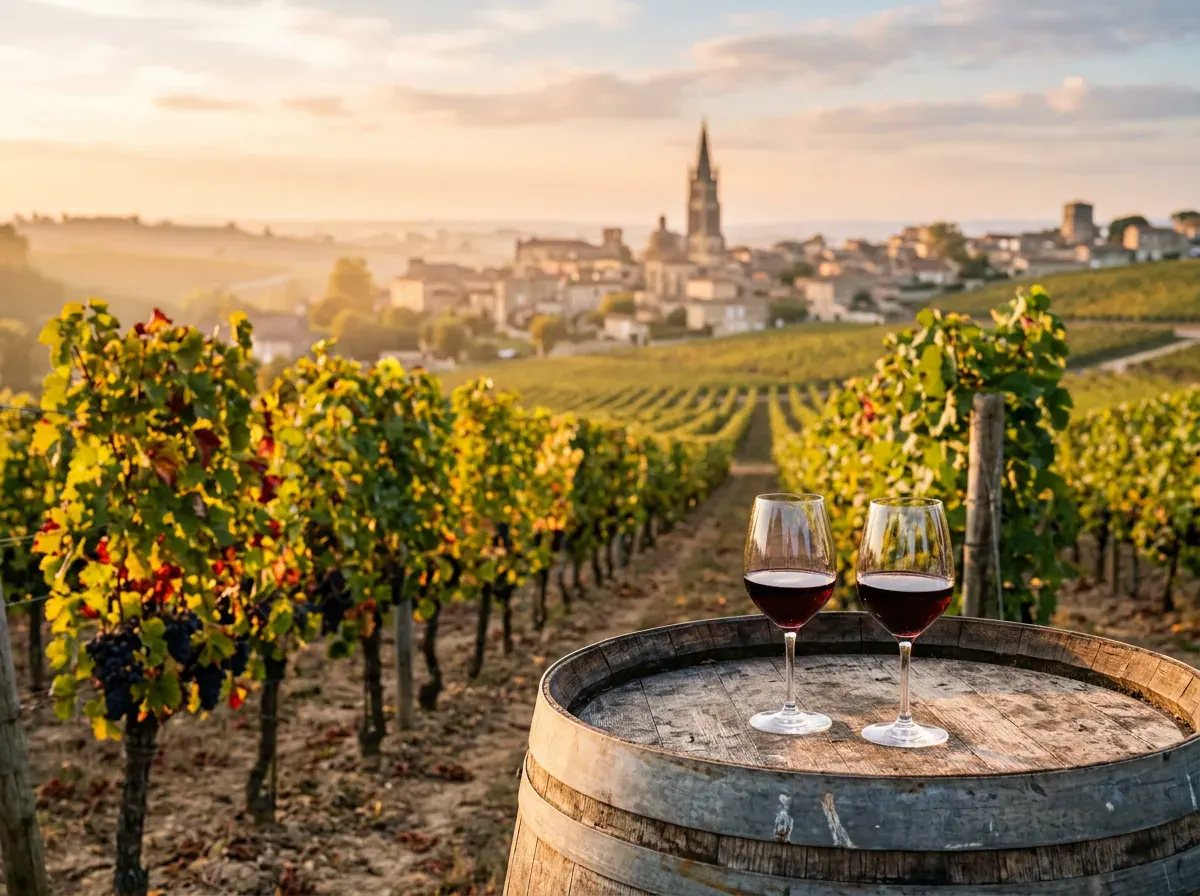 Vineyard rows at golden hour near Saint-Émilion, with two glasses of red Bordeaux wine on an oak barrel