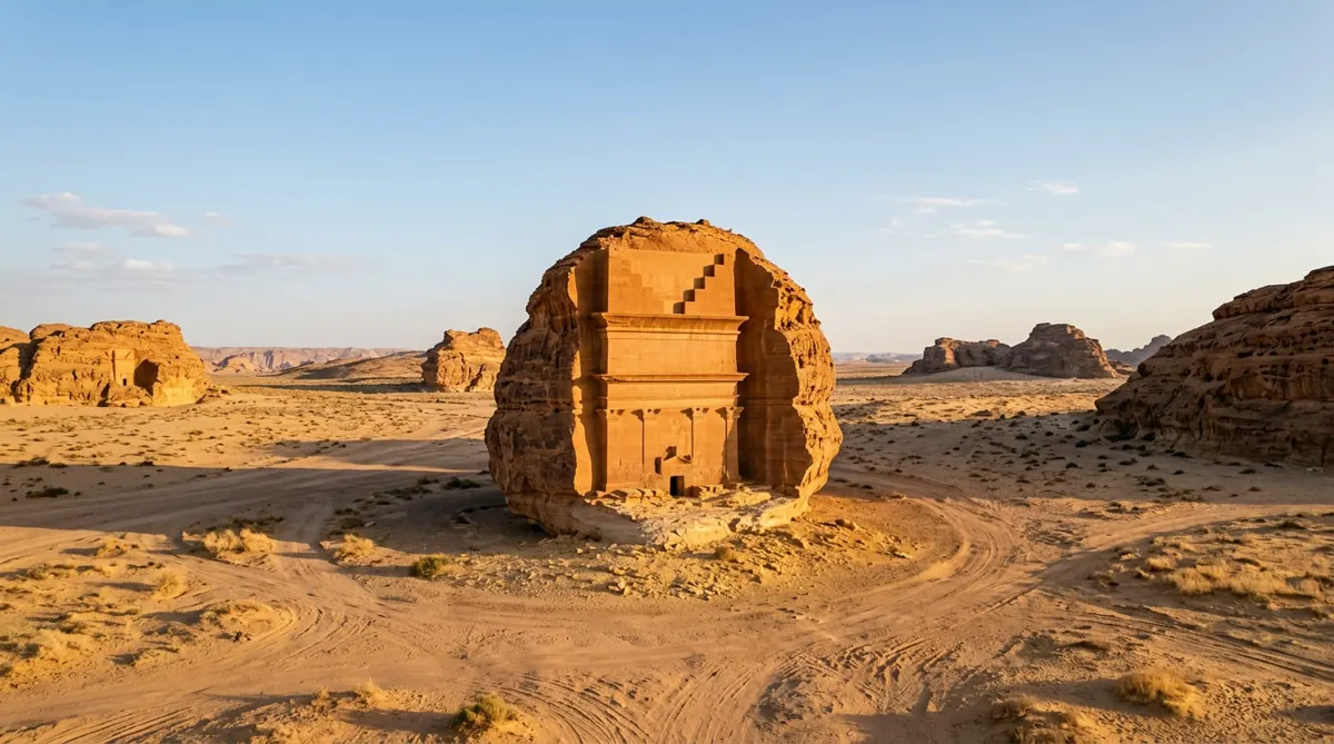 A carved sandstone tomb at Hegra near AlUla in the desert at golden hour