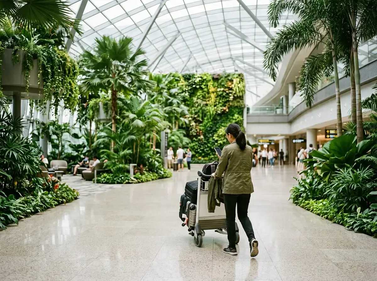 A traveler pushes a luggage trolley through a bright arrivals hall full of tropical plants, looking at a phone