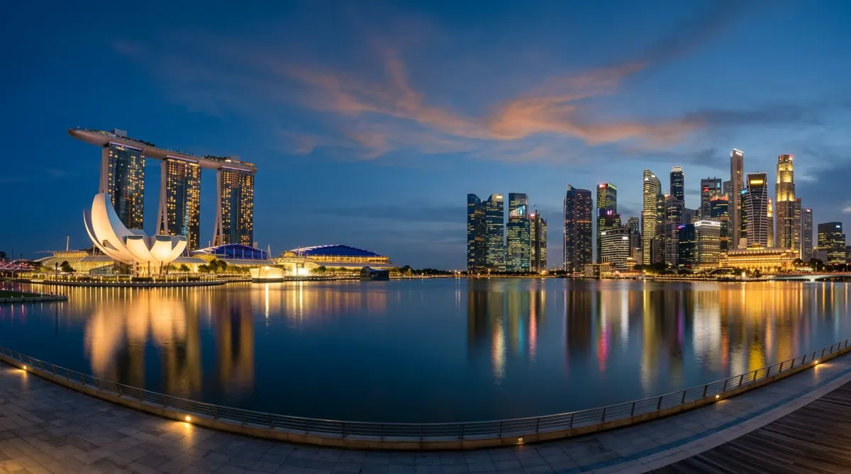 The Marina Bay skyline in Singapore at dusk, reflected in the water