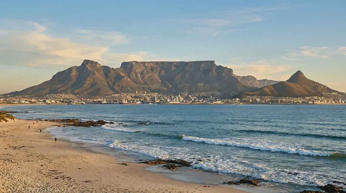 Table Mountain rising behind Cape Town across the bay in late-afternoon light