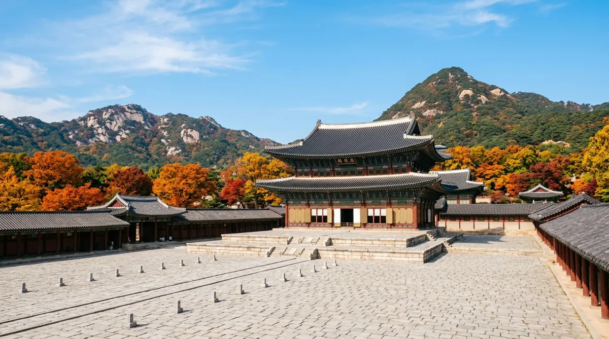 Gyeongbokgung Palace in Seoul with mountains behind on a clear autumn day