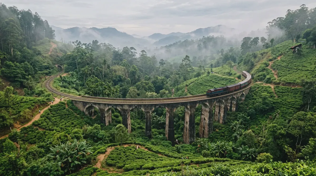 The Nine Arch Bridge crossing a green valley of tea plantations near Ella in Sri Lanka's hill country