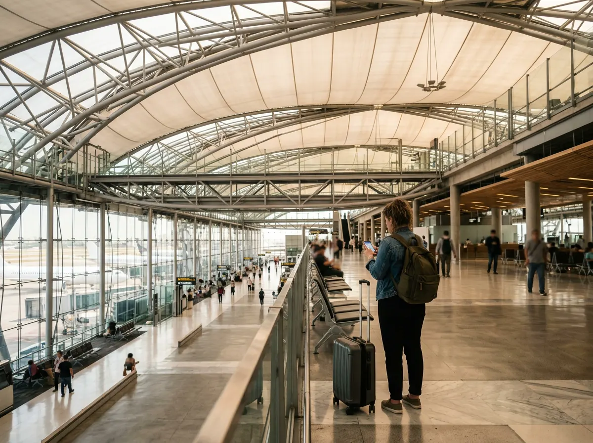 A traveler with a backpack checks a phone beside a suitcase under a vast translucent terminal roof