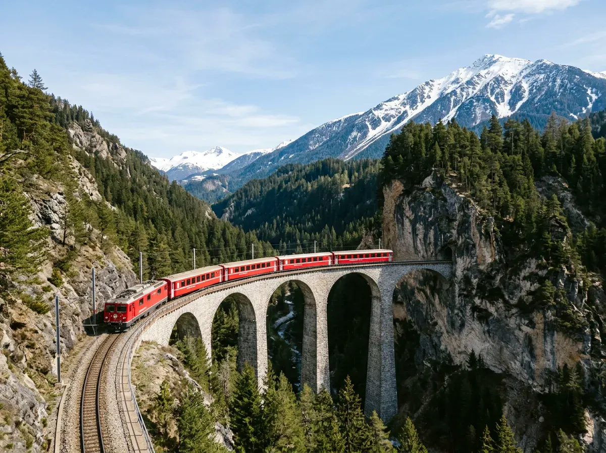 A red mountain train crossing a curved stone viaduct below snow-capped peaks in the Swiss Alps