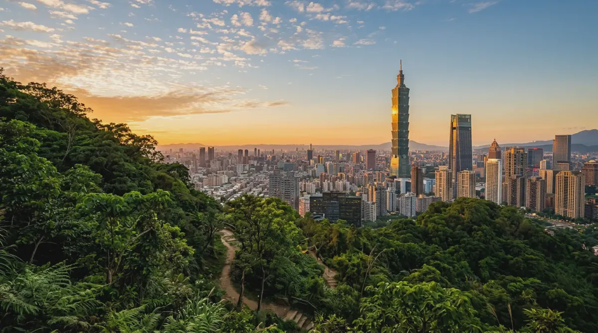 The Taipei skyline at golden hour, with Taipei 101 rising above the city and green hills in the foreground