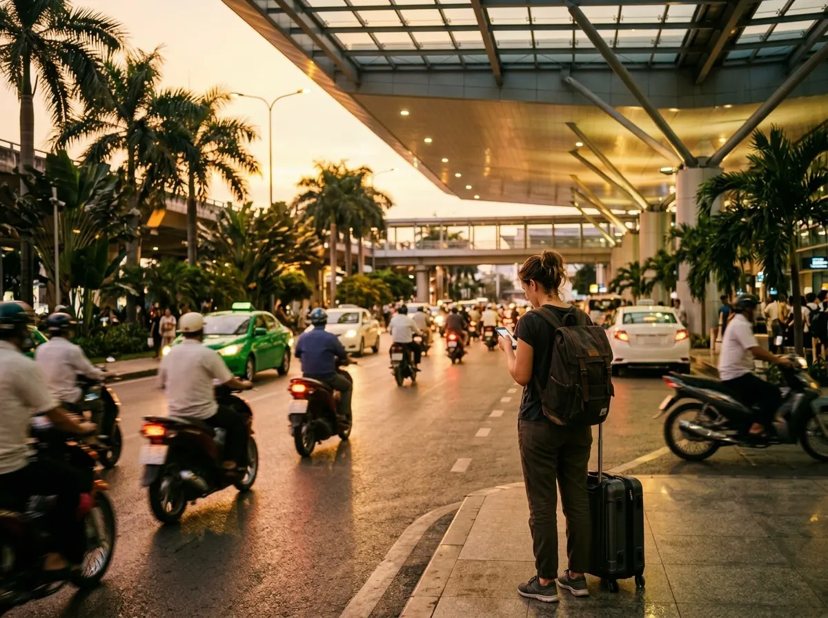 A traveler with a backpack checks a phone at the arrivals curb of Tan Son Nhat airport on a warm evening, scooters and taxis passing