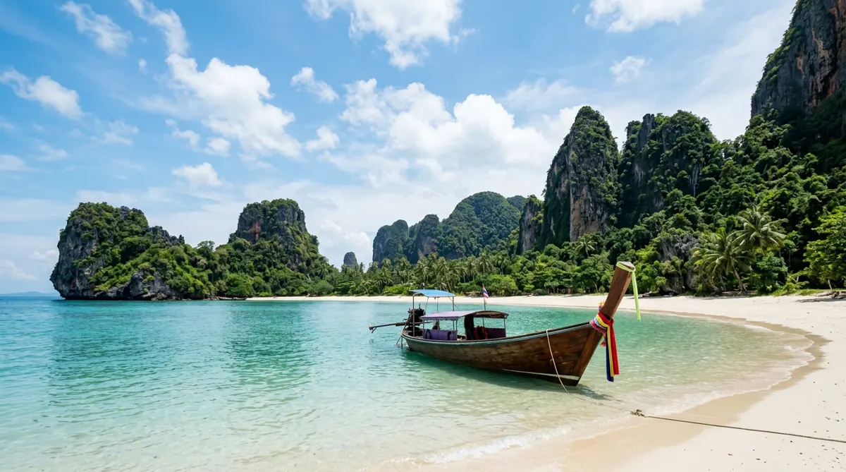 A long-tail boat on turquoise water beside limestone cliffs in Krabi, Thailand