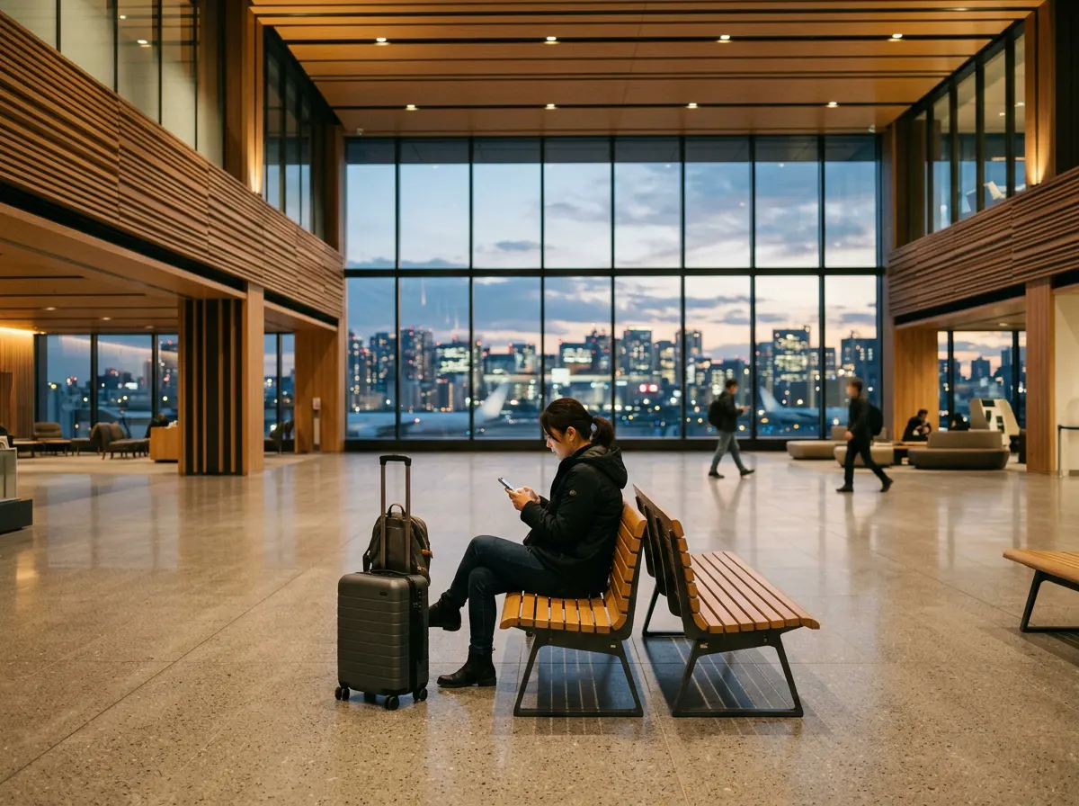 A traveler sits with a suitcase and a phone in a calm airport lobby at dusk, city lights beyond the windows