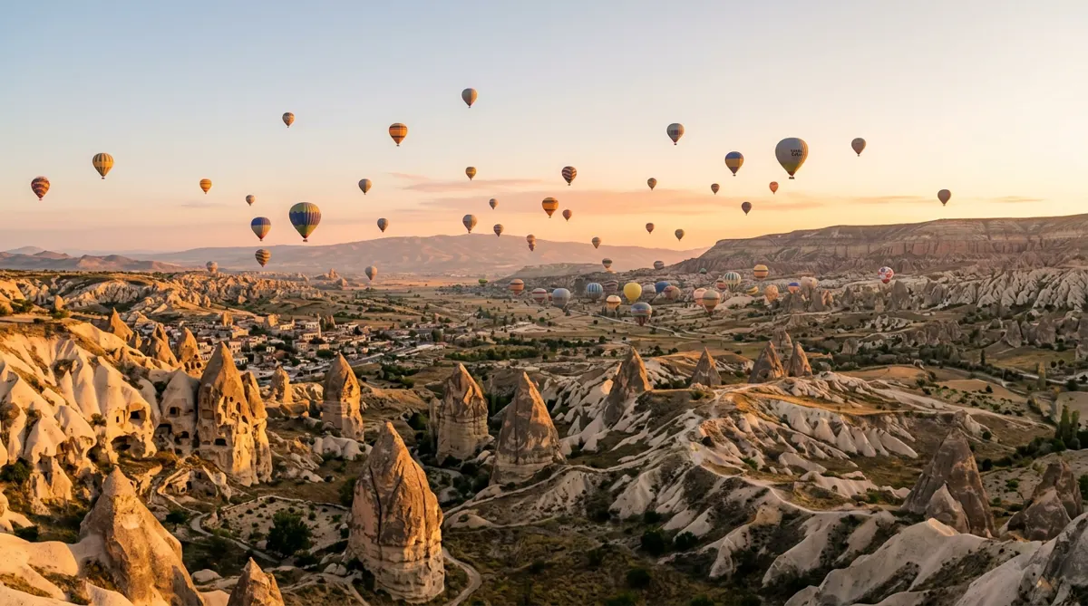 Hot-air balloons over the rock formations of Cappadocia at sunrise