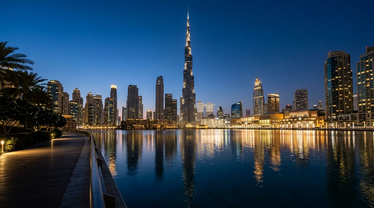 The Dubai skyline and the Burj Khalifa at blue hour across the water