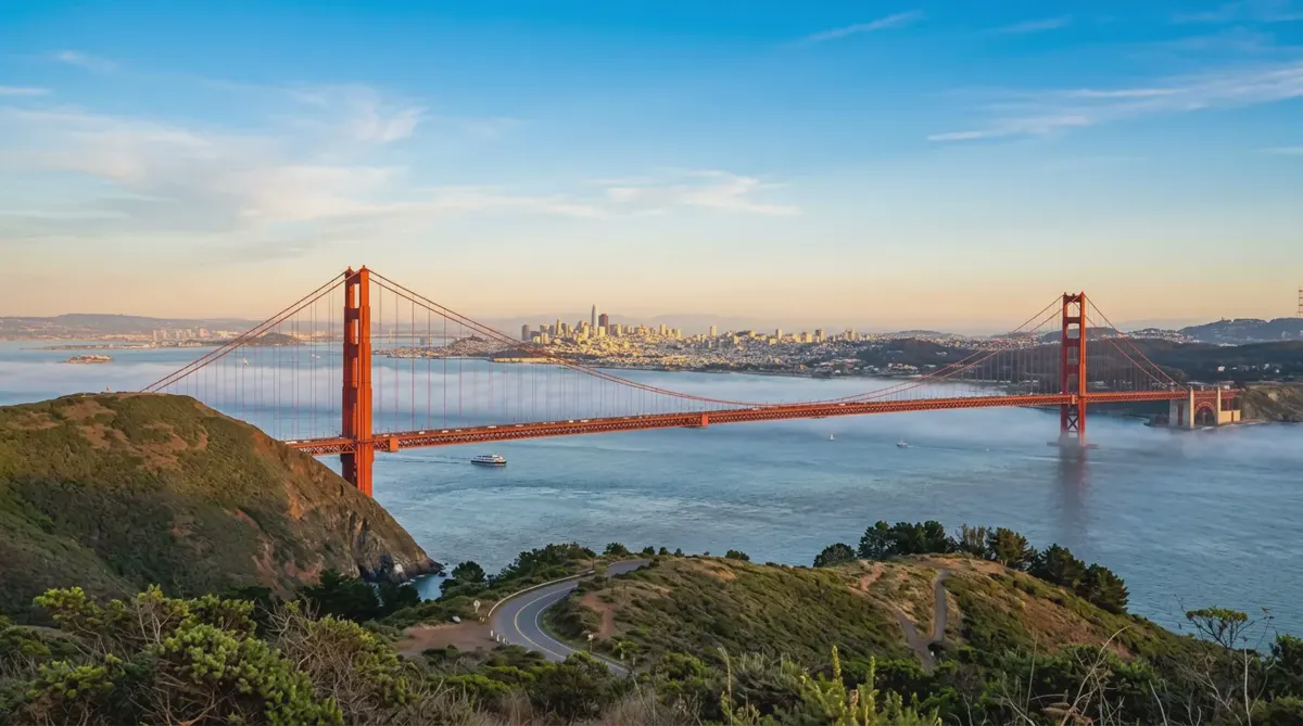 The Golden Gate Bridge at golden hour with San Francisco and a band of fog behind it
