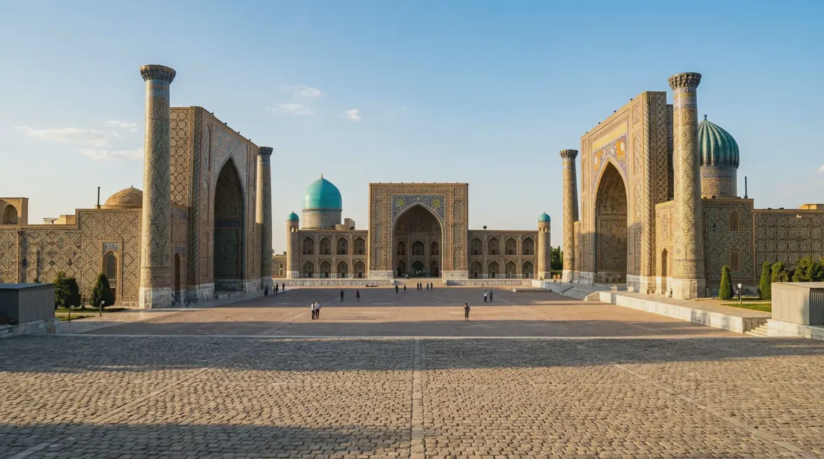 The tiled madrasas and turquoise domes of the Registan in Samarkand at golden hour