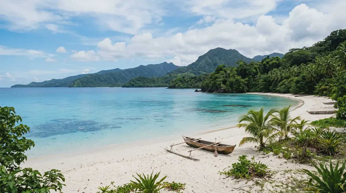 A turquoise lagoon with white sand, jungle and an outrigger canoe in Vanuatu