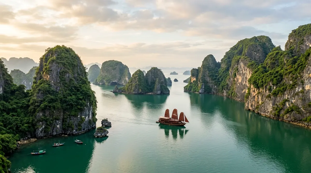 Limestone islands and a wooden junk boat in Ha Long Bay, Vietnam