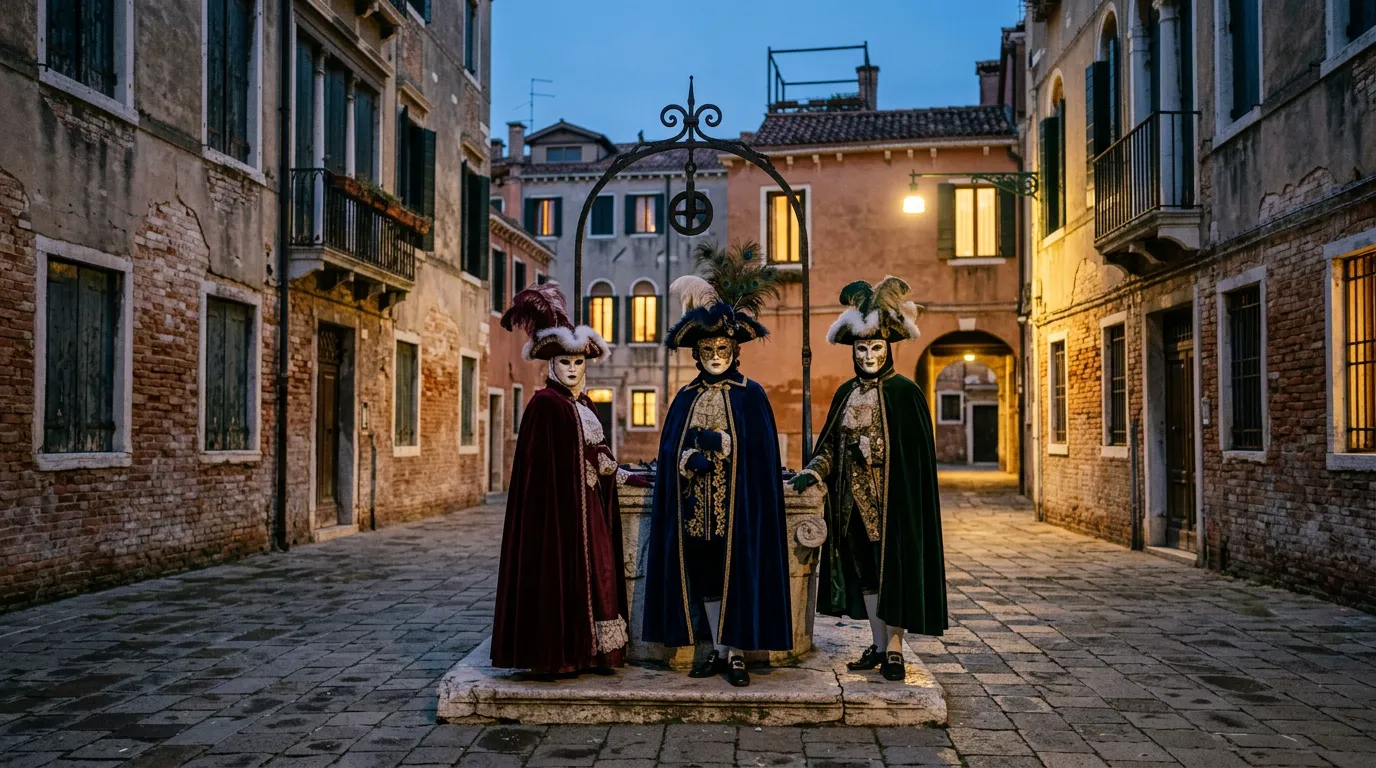 Three figures in ornate Carnival masks and velvet cloaks in a small Venetian square at dusk