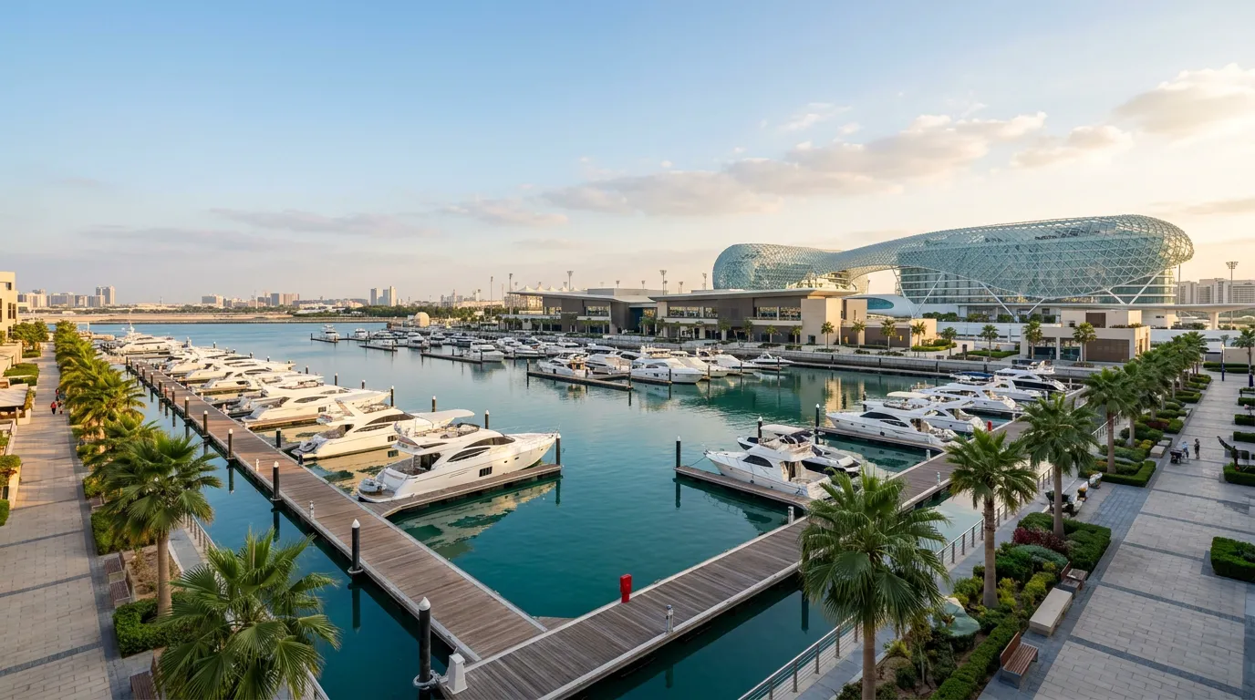 White yachts moored in the marina on Yas Island, Abu Dhabi, with a curving lattice roof behind them in late afternoon light