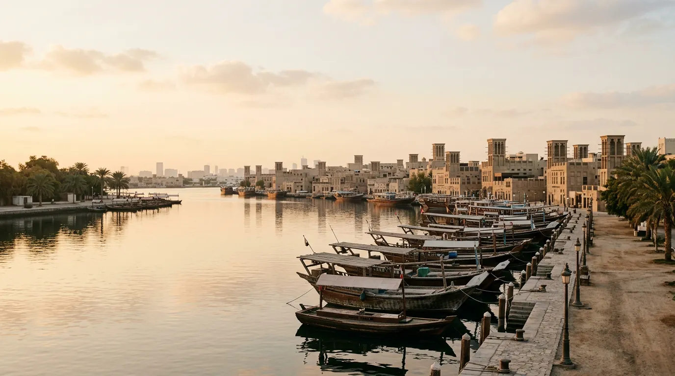 Wooden abra boats moored along Dubai Creek in early morning light, with wind tower houses on the far bank