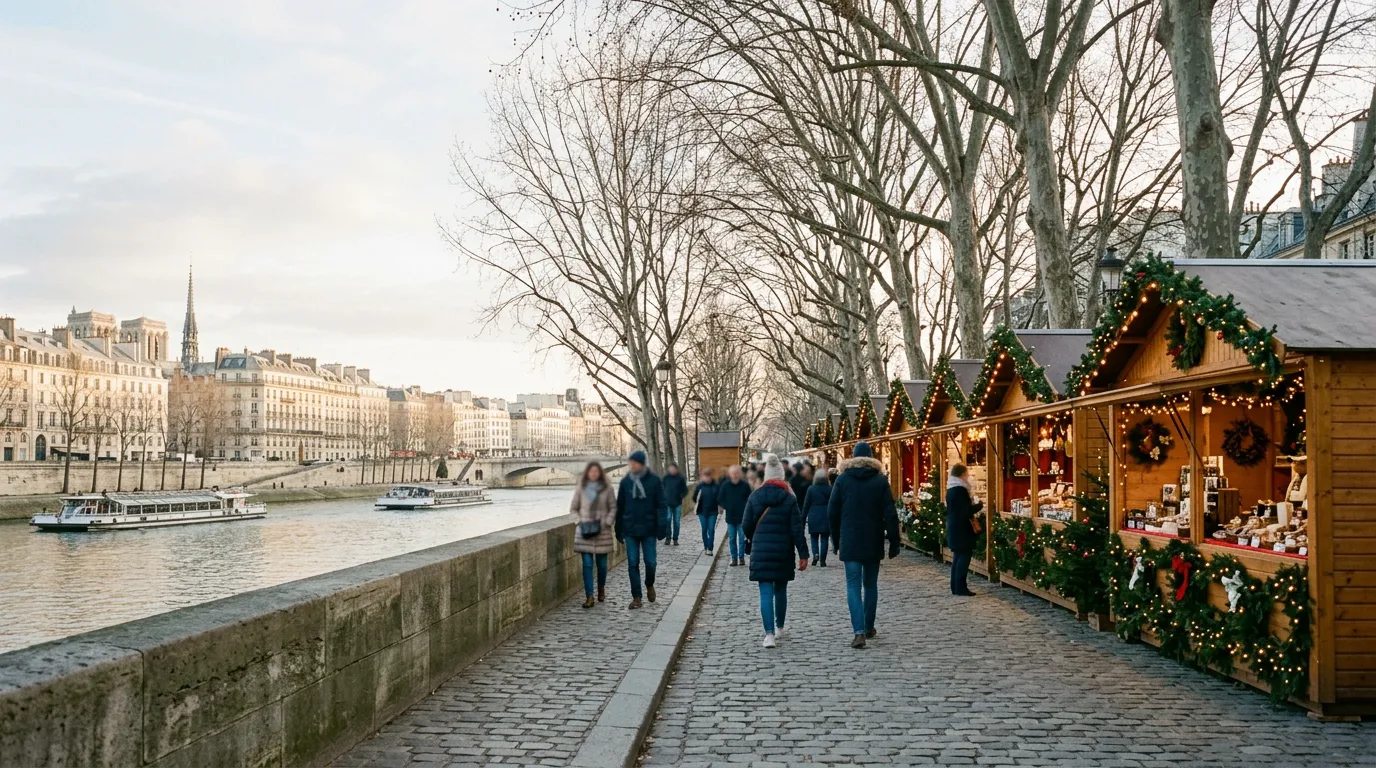 Wooden Christmas chalets with pine garlands along the Seine in Paris on a winter afternoon